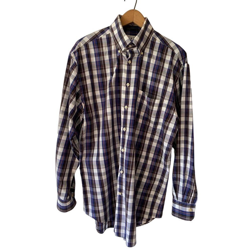 Peter Millar Crown Men's Brown White Blue Plaid Button-Down Shirt Size Medium